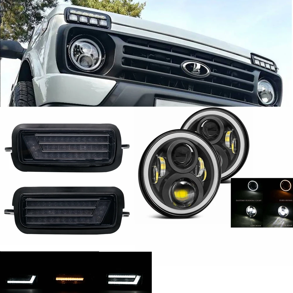 

For Lada Niva 4x4 LED Daytime Running Lights tail light 7''headlight with a running turn signal car styling accessories