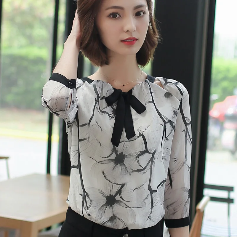 bowknot-chiffon-shirt-women-printed-three-quarter-blouse-tops-female-ladies-fashionable-temperament-bottom-shirts-clothes-h9043