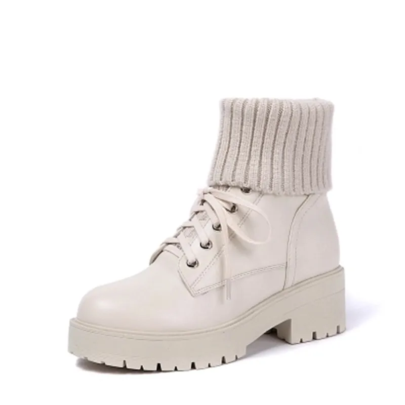 

Thick with short boots winter cotton shoes leather college wind thick bottom Martin boots female European plush wool socks boots