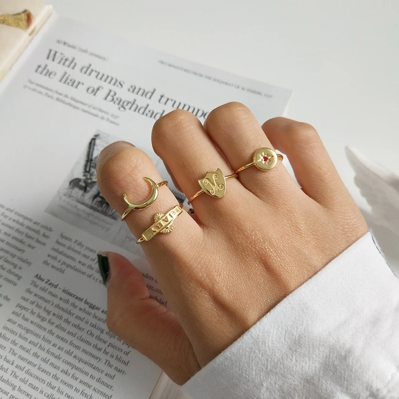 

2019 new 925 sterling silver openwork rings letter baby moon-star-shield simple design wild rings for women fashion jewelry gift