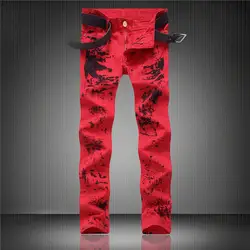 Новые мужские граффити черные точки джинсы мужские корейские высокие уличные стрейч красные ноги брюки рваные джинсы для мужчин размер 29-36