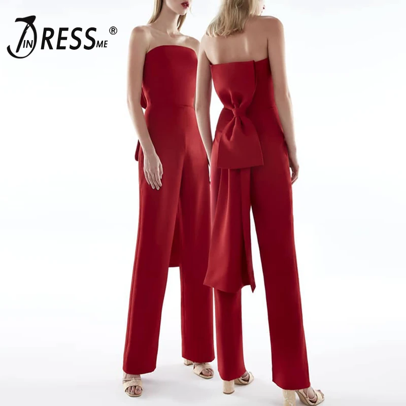 

INDRESSME Women Celebrity Runway Jumpsuits Strapless Elegant Bow Red Rompers Jumpsuit Sexy Bodycon Bodysuit 2018 Fashion