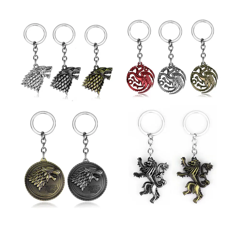 

Wholesale Game of Thrones Keychain A Song of Ice and Fire Dragon Key Chain House Stark Targaryen Wolf Keyring Men Jewelry Gift