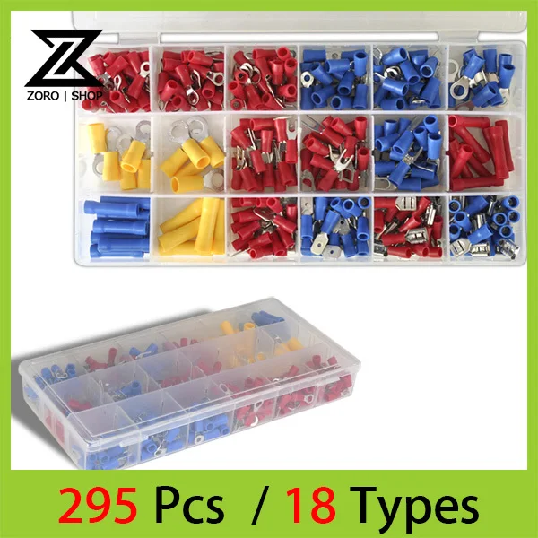 

295PCS/Lot 18 Types Copper Nose Copper Terminal U Type Fork Type Circular Terminal Pre Insulated Cold Crimp Terminal Kit