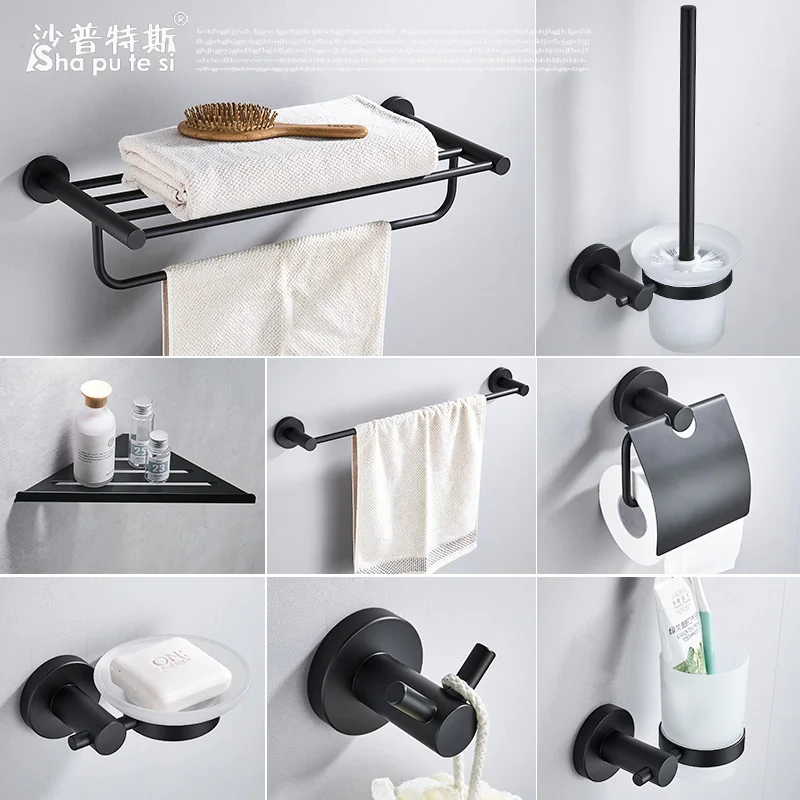 

Free Shipping,bathroom Hardware Set 304stainless Steel Bathroom Shelf Wall Mounted Black Finish Towel Holder Toilet Brush