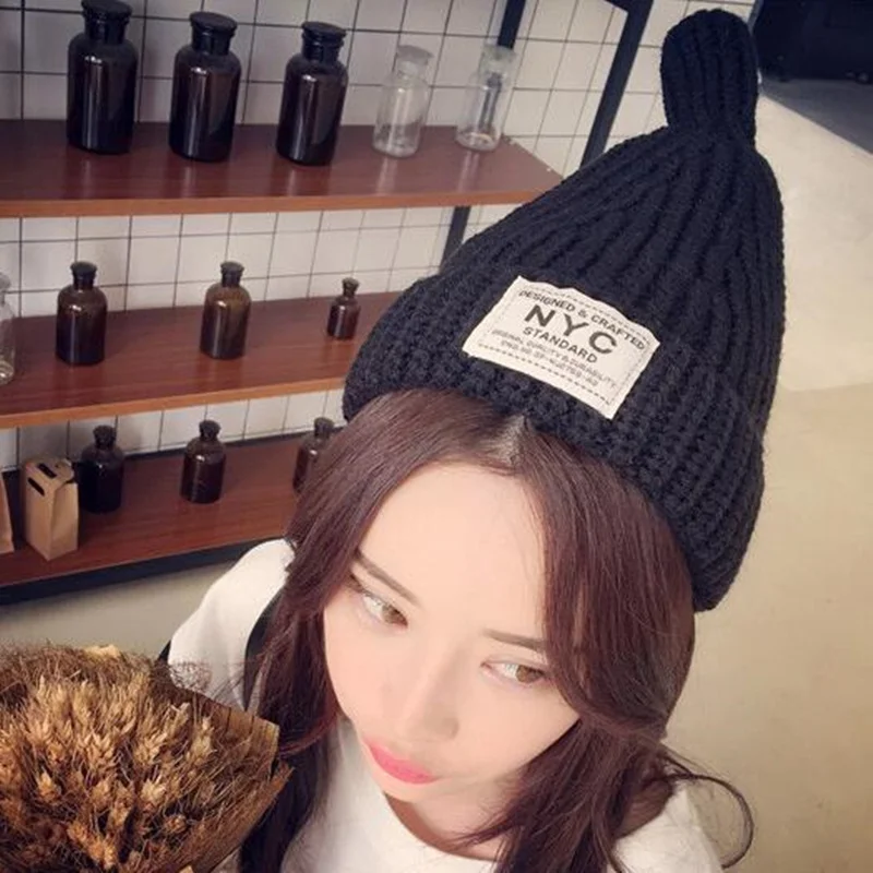 

Korea New Cute Pointy Top Knitted Strip Hat Wool Hat for Women Beanies Bone