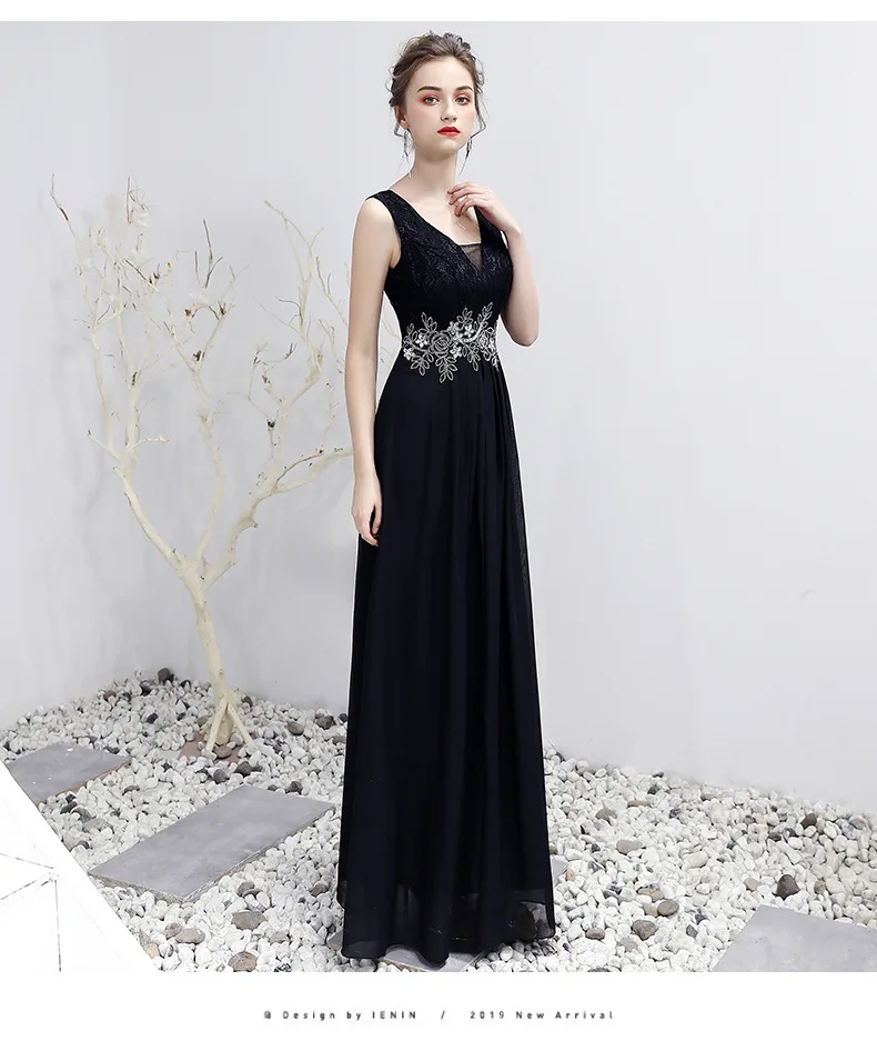 Простые черные с v-образным вырезом Аппликации Кружева Vestidos De Festa спинки трапециевидной формы Длинные вечерние платья вечерние платья Robe De Soiree