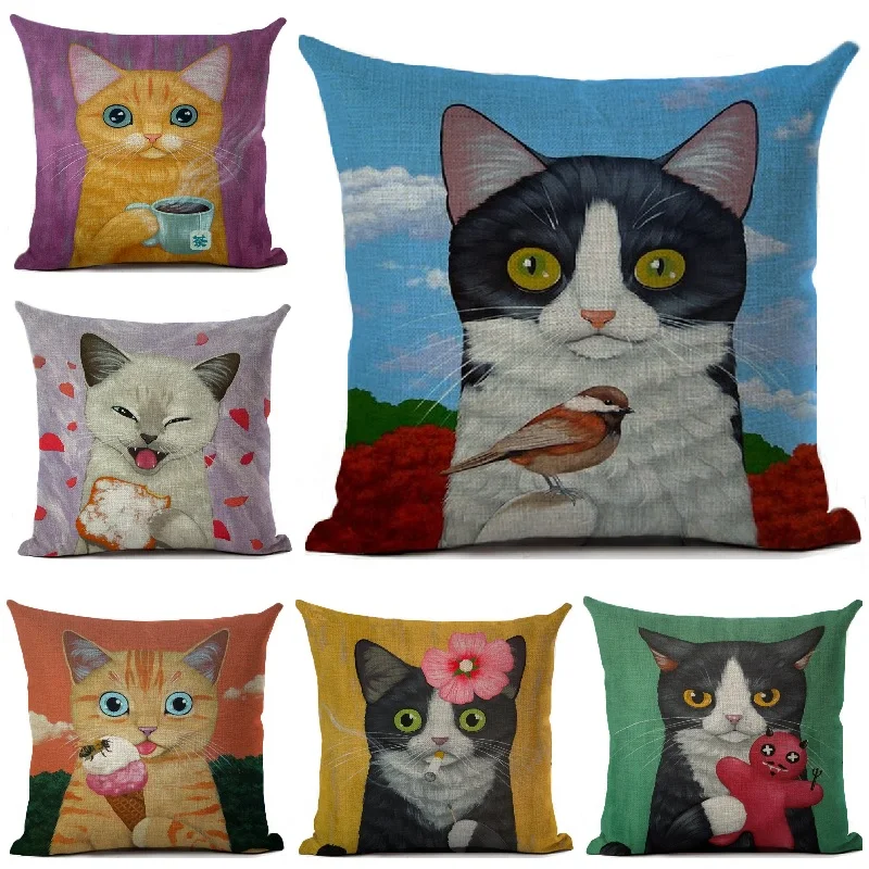 Cushion Cover Funny Cat Printed Linen Pillow Cover Car Sofa Throw Pillows Case Decorative Pillowcase 4545cm