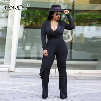 

New Long Sleeve Wide Leg Jumpsuits Elegant Irregular Overalls Black Deep-V One Piece Sexy Rompers Womens Jumpsuit Plus Size