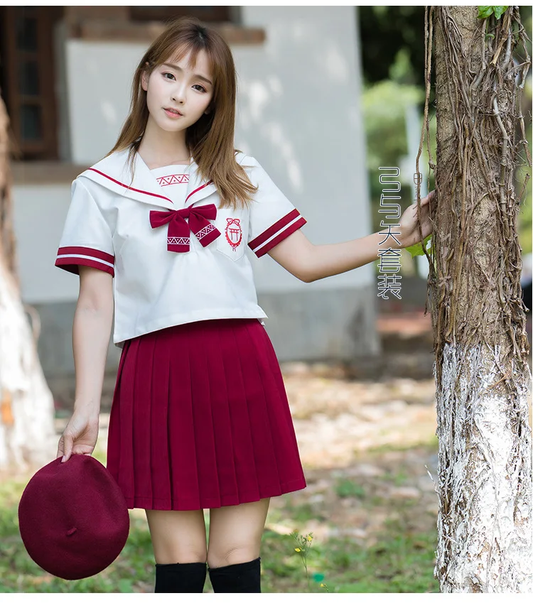 Women Girls Sailor Suit Short sleeve Red JK Uniform Dress for Students ...