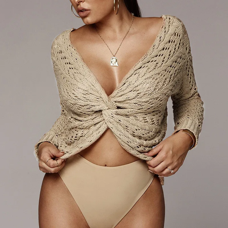 

Cross Deep V Sweaters Hollow Out Knitted Sexy Crop Tops Jumper Femme Winter Long Sleeve Pullovers For Women
