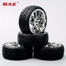4pcs 1/10 RC on road racing car chrome wheel & rubber tires tyre sponge 3MC 12mm Hex accessory parts