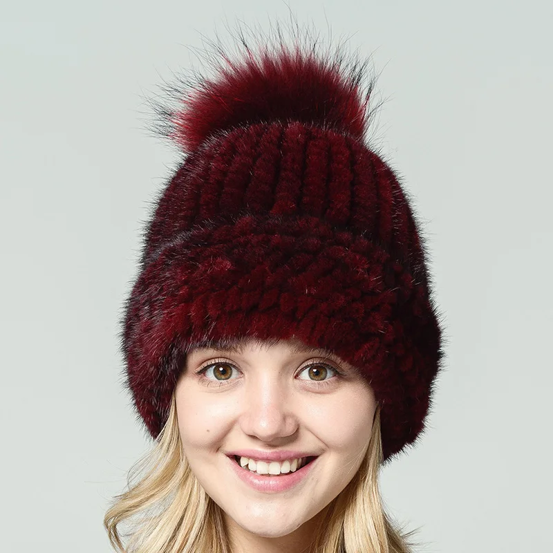 

Winter Women Knitted Natural Mink Fur Hats With Raccoon Fur Pompon Russian Female Real Fur Beanies Caps 2017 Fashion Warm Hat