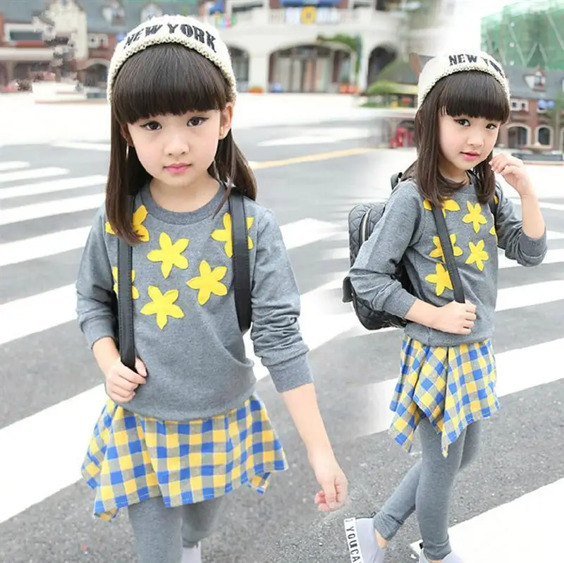 

2017 New Autumn child clothing girls long T-shirt and Culottes two piece suits children flowers sweet plaid leisure sports suit