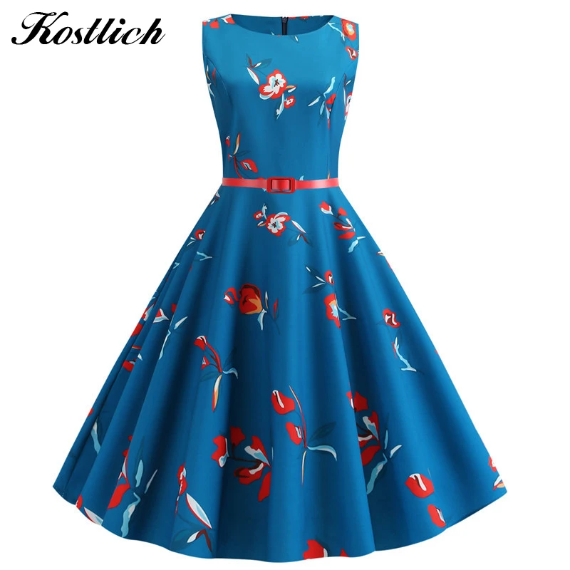 

Kostlich Floral print Summer Dress Women's 2019 New Sleeveless 50's Vintage Dress Belt Elegant Country Rock swing Party Dress