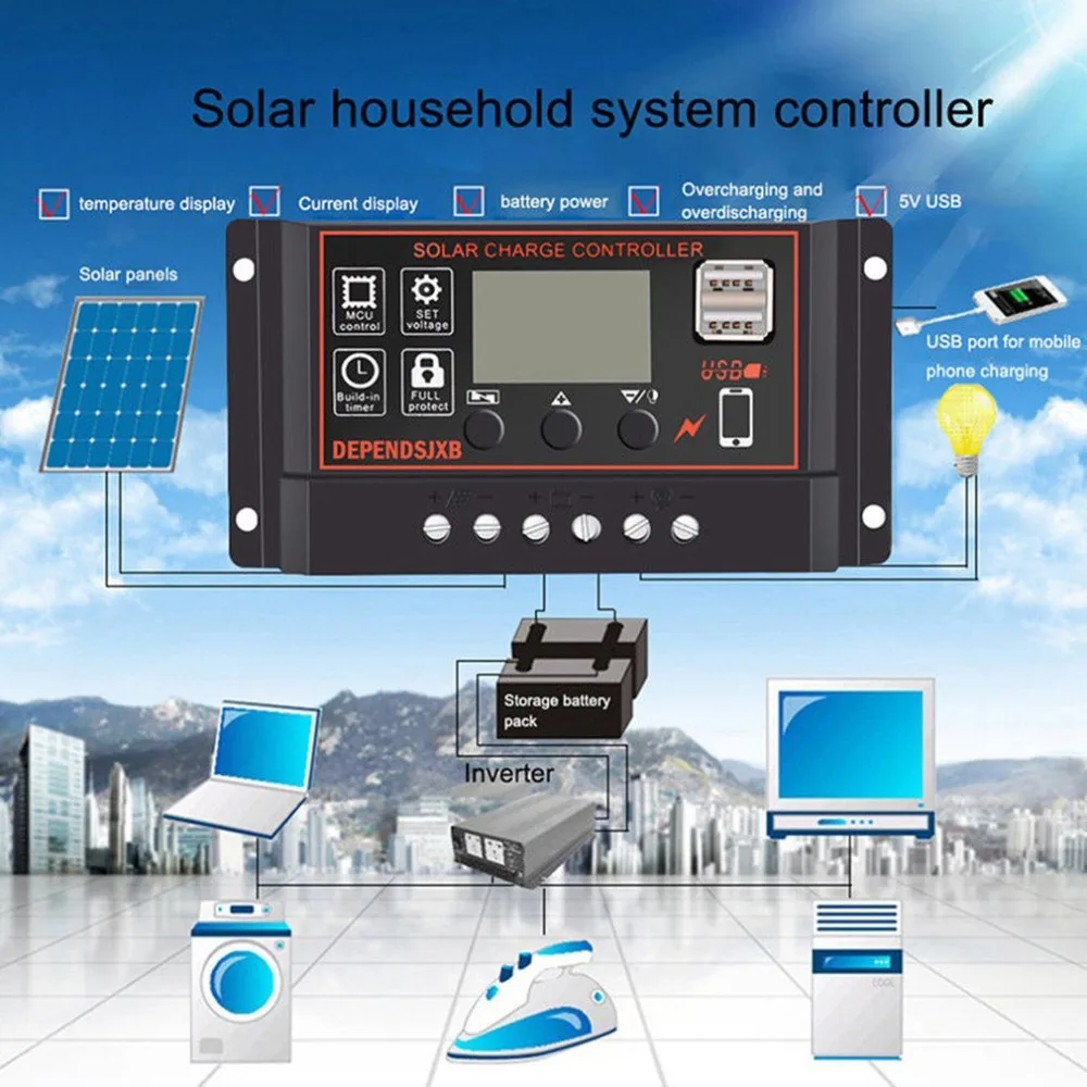 

60A/50A/40A/30A/20A/10A 12V 24V Auto Solar Charge Controller PWM With LCD Dual USB 5V Output Solar Cell Panel Regulator PV Home