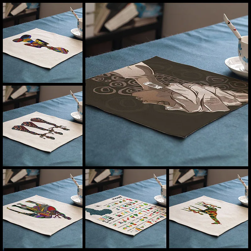 

Kitchen waterproof Table Mats Cotton Linen Table National Wind African style Cartoon character africa map Decorative Placemats