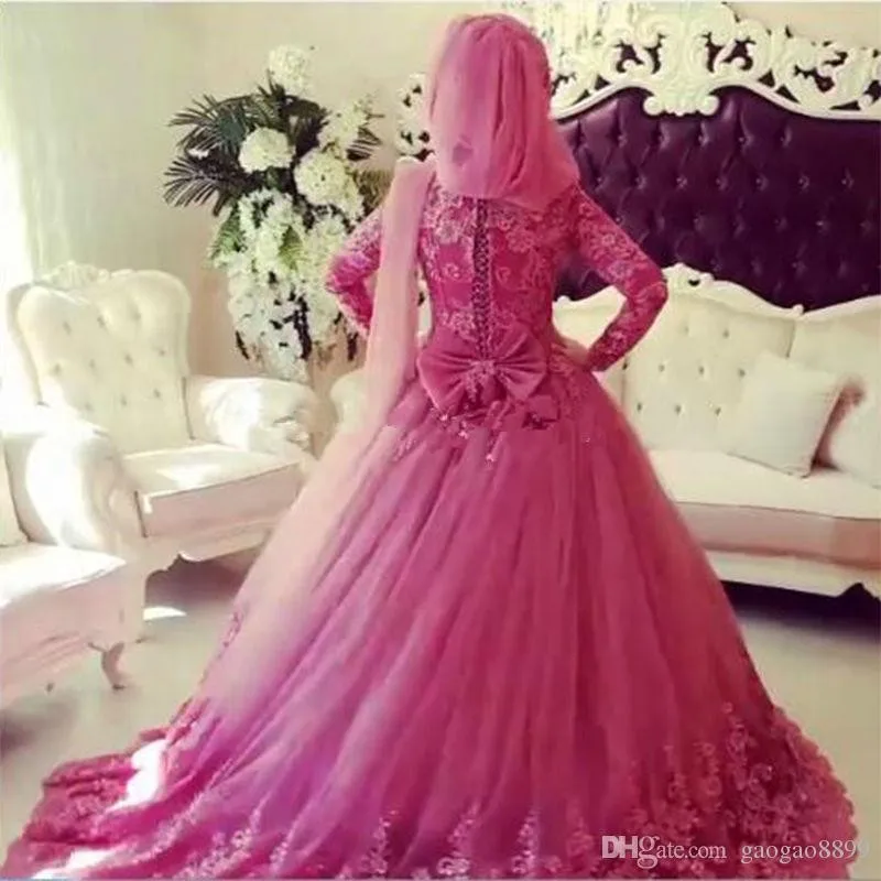 Arabic Muslim Wedding Dress 2016 Turkish Gelinlik Lace Applique Ball Gown Islamic Bridal Dresses Hijab Long Sleeve Wedding Gowns 3