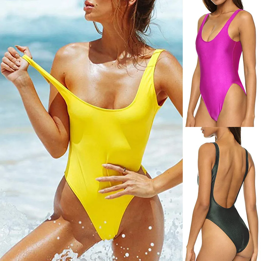 

women swimsuit with rhinestones Women Retro Elastic High Cut Low Back One Piece Swimwear Bathing Suits