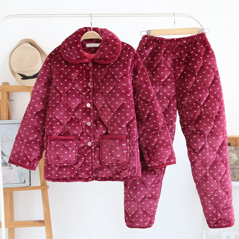 

Women's winter three-layer thick long-sleeved warm plus velvet cotton jacket winter suit home service coral velvet quilted pajam
