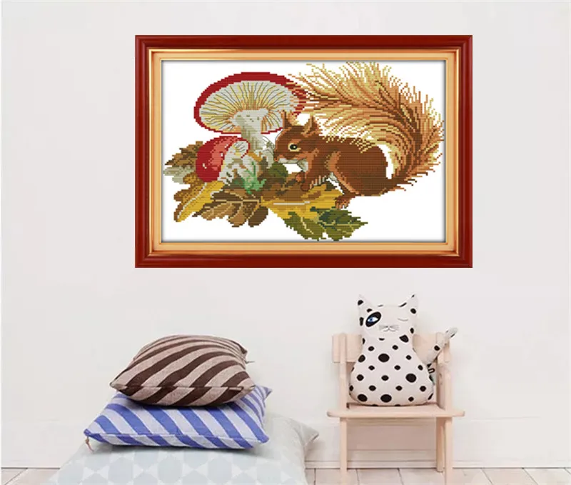 

A squirreland mushrooms Cross Stitch Kits Printed Canvas DMC Counted printed Cross-stitch set Embroidery Needlework Kit DIY