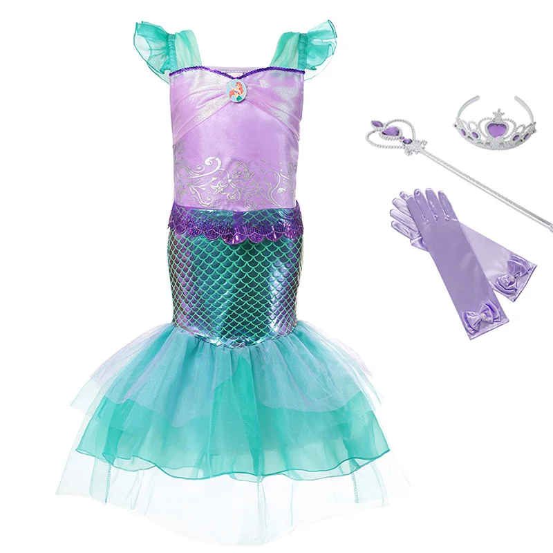 Платье принцессы Ариэль для девочек, наряжаться в костюм, детское платье с рукавами-лепестками и принтом, вечерние платья для девочек на карнавал, подарок на день рождения, платье Русалочки