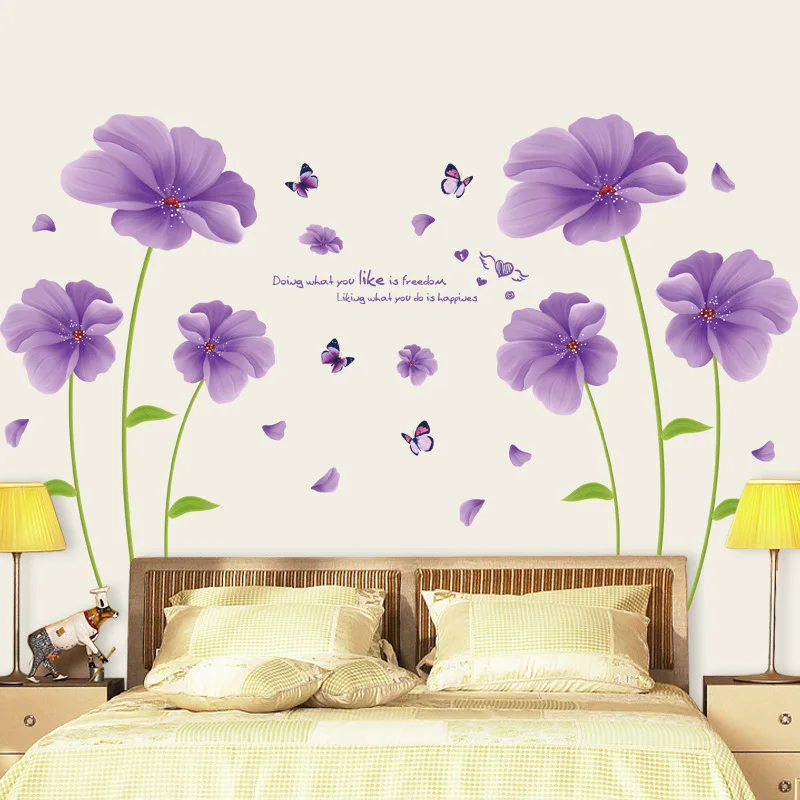 Romantic Purple flowers Wall Sticker PVC Material removable wall decals
