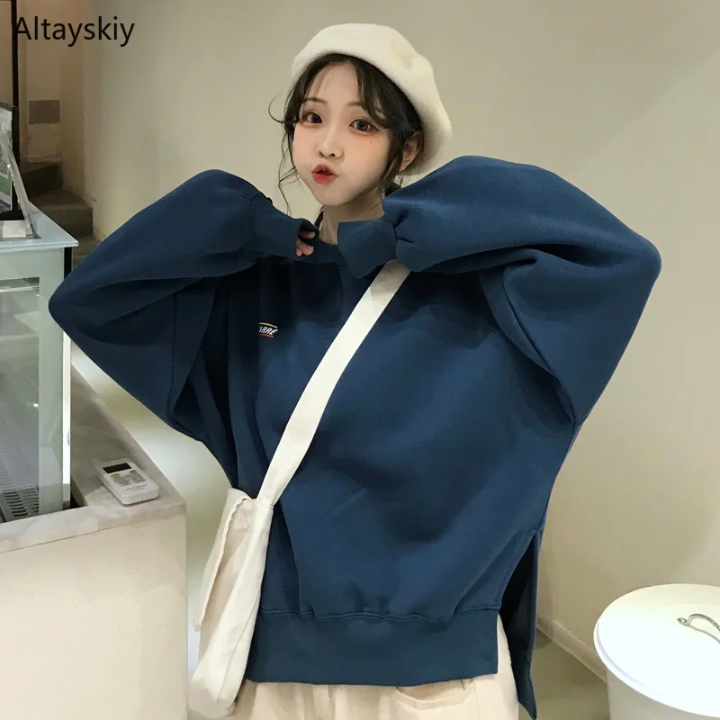 Толстовки женские с круглым вырезом толстые плюс бархатные теплые мягкие повседневные универсальные корейские стильные пуловеры женские