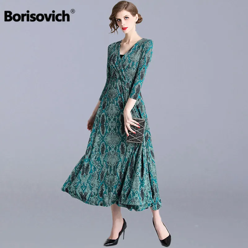 

Borisovich Women Long Dress New 2019 Spring England Style V-neck Big Swing A-line Elegant Ladies Evening Party Dresses N808