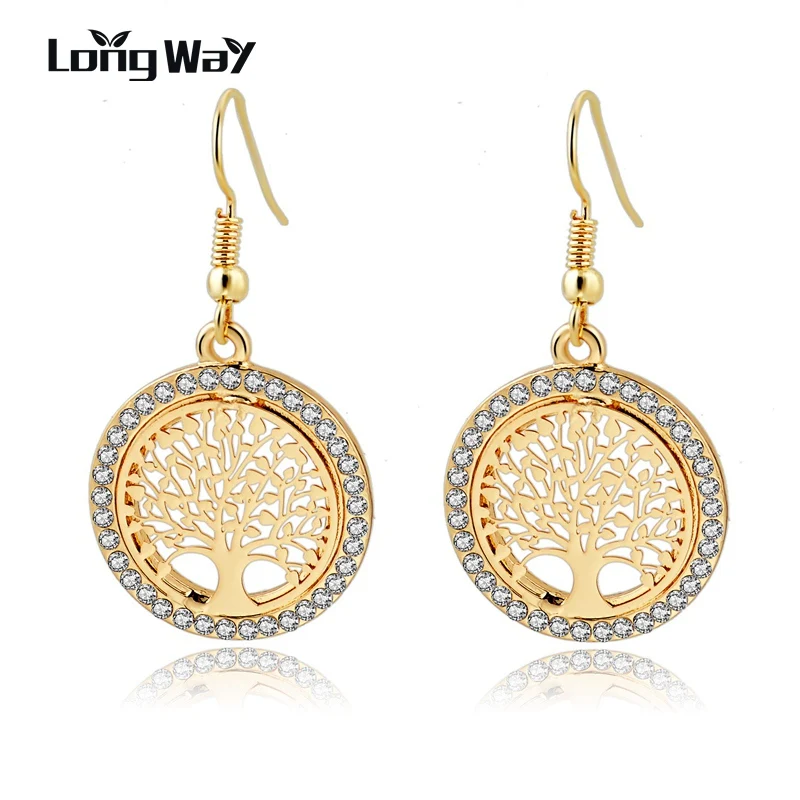

LongWay Gold Plated Crystal Dangle Earring With Tree Of Life Pendant Vintage Women Jewelry Earrings Brinco Ser160008