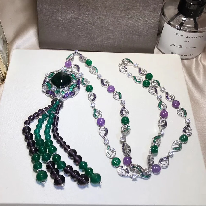 Brand luxury 925 Silver Jewelry For Women Banquet Pendant Green Crystal Necklace Tassel Bead Necklace Fine top quality Jewelry Brand luxury 925 Silver Jewelry For Women Banquet Pendant Green Crystal Necklace Tassel Bead Necklace Fine top quality Jewelry