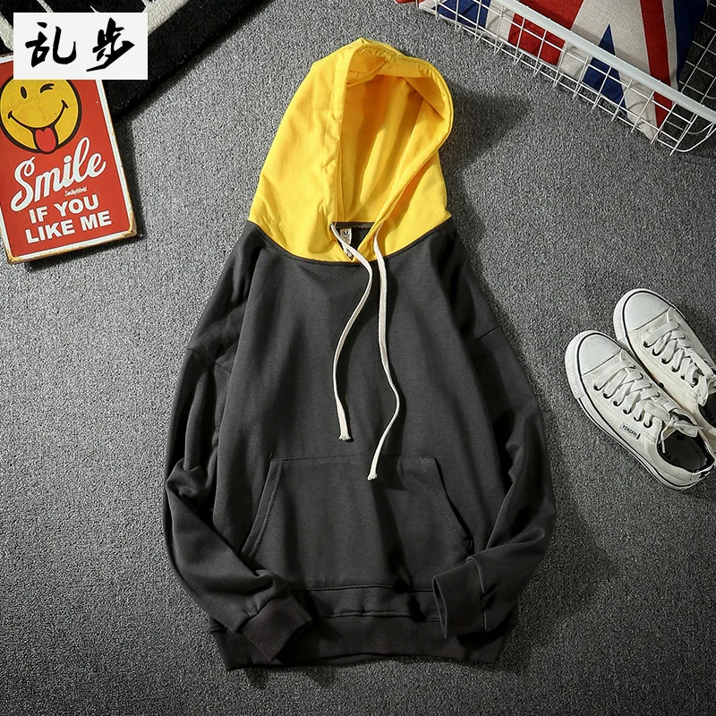 

Autumn and winter Japanese retro wind coloring sleeve hooded with velvet clothing male teen pure color hat shirt top Tide