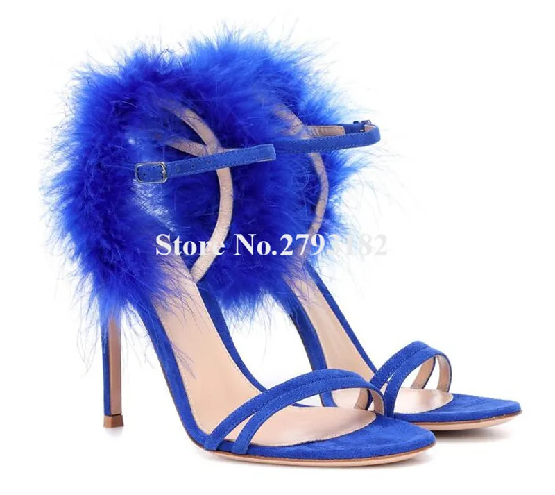 Women Elegant Fashion Open Toe Suede Leather Fur Stiletto Heel Sandals Ankle Strap Fur Black Blue High Heel Sandals Wedding Shoe