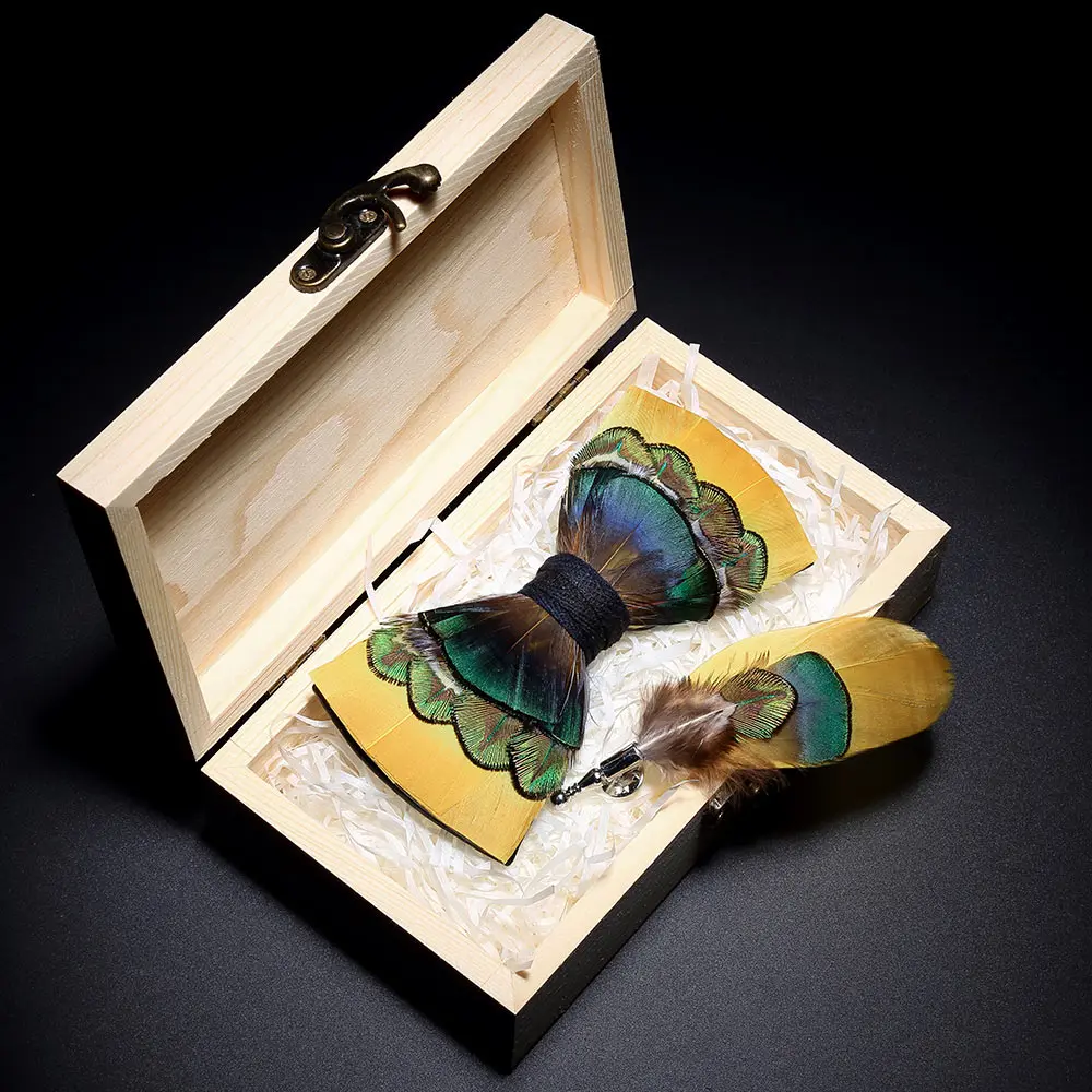 KAMBERFT дизайн ручной работы галстук-бабочка с перьями Брошь деревянная коробка набор высокого качества мужской галстук-бабочка кожаный