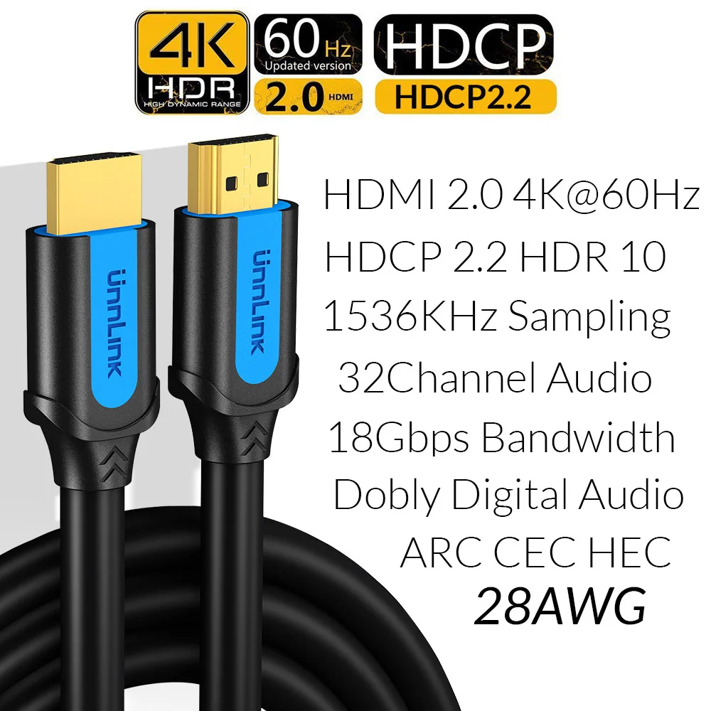 Unnlink HDMI Cable UHD 4K60Hz HDMI 2.0 HDCP 2.2 HDR 3M 5M 10M 15M 20M 25M for switch splitter