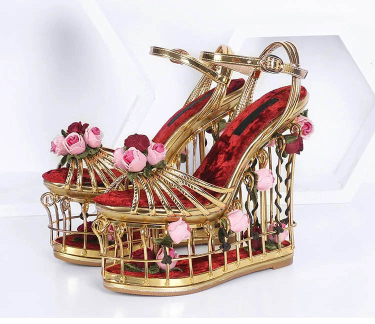 Phoentin золотой цветок сандалии для женщин; очень высокий каблук 16 см; свадебные туфли на платформе с ремешками на лодыжках с пряжкой; Роскошные вечерние женская обувь FT337