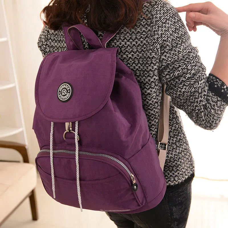 Mochila con cordón impermeable de nailon de 10 colores para mujer, mochila de viaje informal para mujer