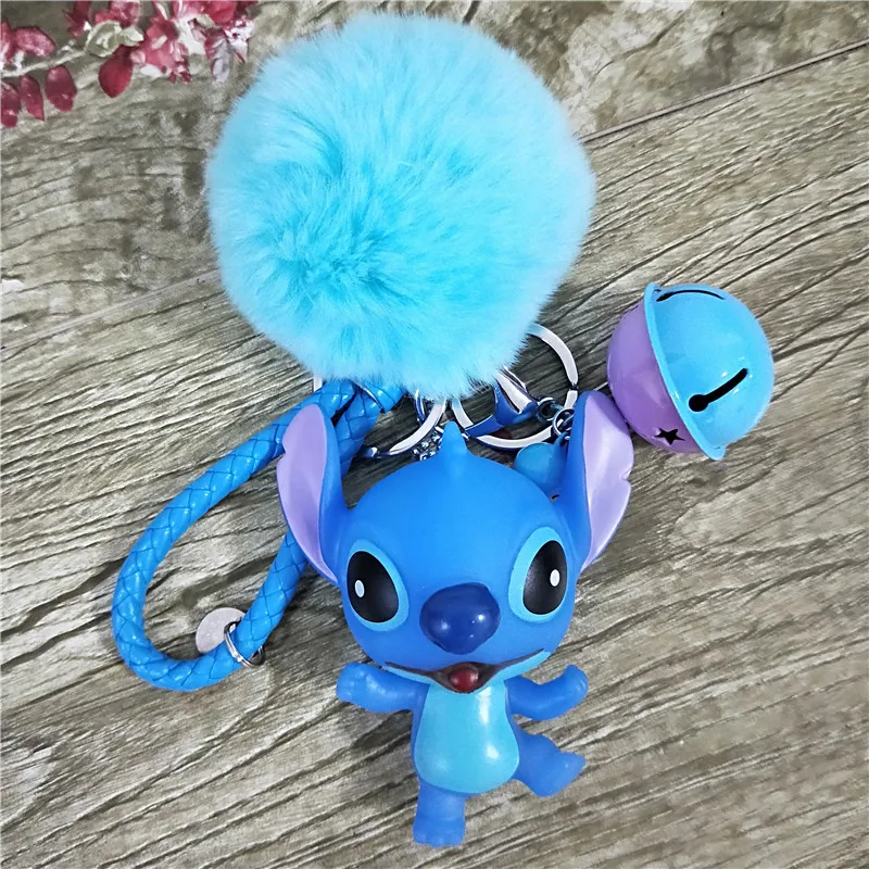 Cartoon Lilo & Stitch Dolls Key Chain Toys Key Rings Holder Car Bag Charms Pendant Fluffy Rabbit Fur Ball Pompom D192