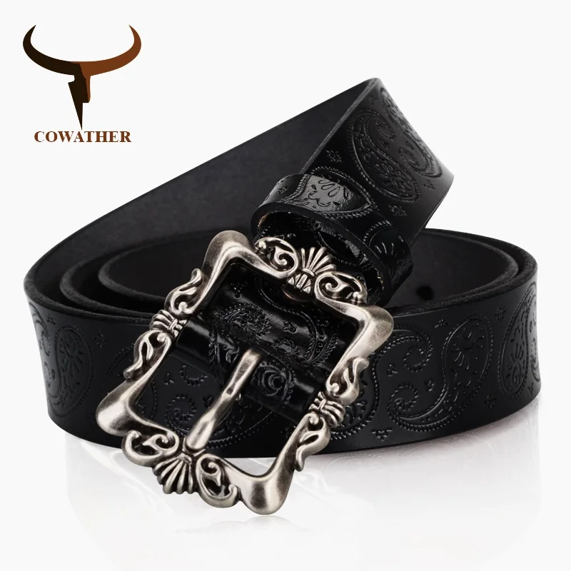 COWATHER 2017 cow genuine leather belts for Women luxury strap female belt Cashew flowers high quality pin buckle 3.2cm XF022 - Image 2