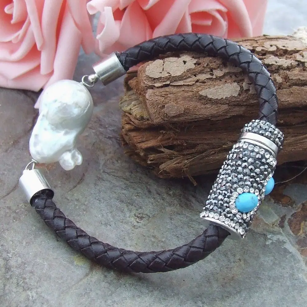 

GE050108 8" White Keshi Pearl Leather Bracelet