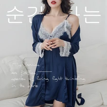 Шелка излишки женские пижамы шелковый халат Набор Горячая зима сексуальные кружевные женские пижамы платье женские пижамы халат