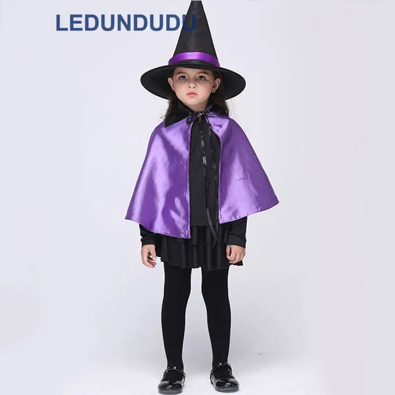Kids Purple Witch Cosplay Costume with Hat Children Halloween Party Holiday Performance Clothes Girls Black Magic Witch Dress (3)