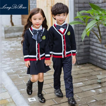 

Autumn New Product Boys Girls Class Service School Uniform Skirt Trousers Knitting Sweater Suit Three-piece Kids Sets