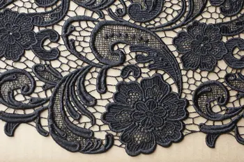

black lace fabric with classic floral pattern, venice lace fabric