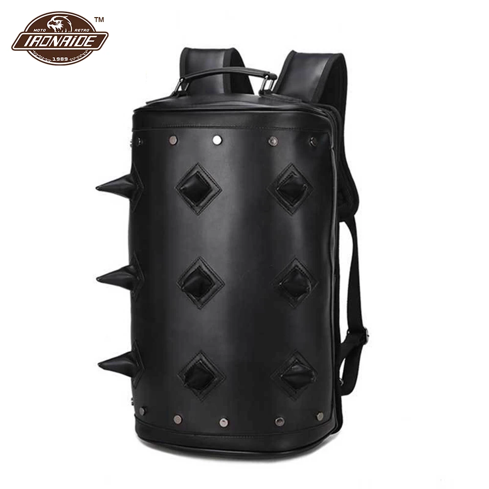 

Men Backpack PU Leather Backpack Motorcycle Bag Rivet Black Satchel Steam Punk Men Backpack Motorcycle Backpacks Retro Rock Bags