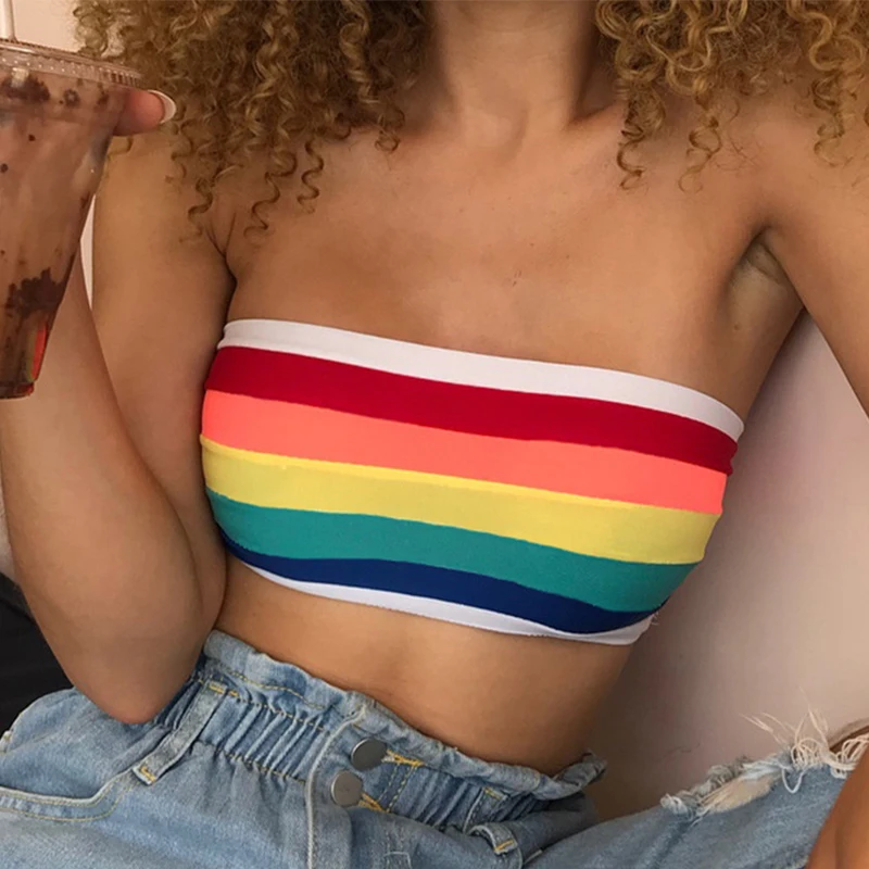 

Sexy Strapless Strap Tank Tops Women Summer Fashion Stripe Slim Cute Crop Top Female Harajuku Off Shoulder Beach Camis For Lady
