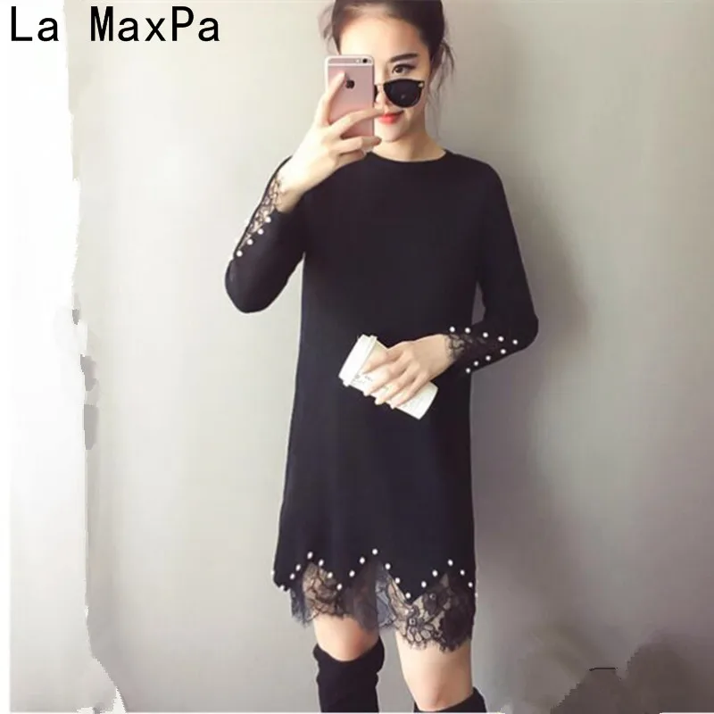 Goede LA MAXPA 4XL Vrouwen Kralen Jurk Pullovers 2018 Nieuwe Winter Warm Lange Mouwen Gebreide jurk Kant Patchwork jurken Plus Size