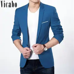 Vicabo Slim Fit мужской блейзер моды Повседневное синий пиджак осень Одна кнопка твердые Blaser Masculino плюс Размеры брендовая одежда