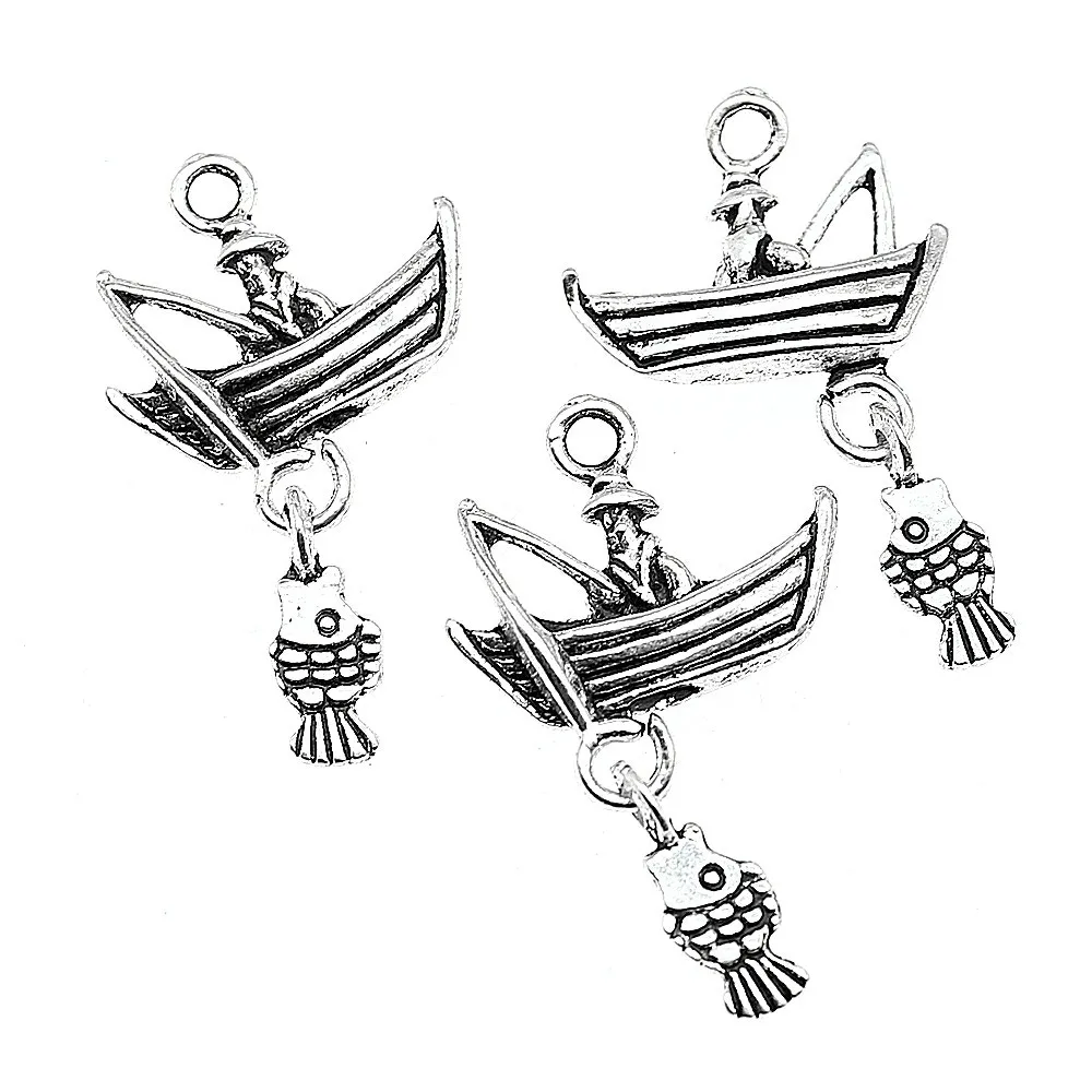 

10pcs Charm Boat Fishing With Fish Charms For Jewelry Making Antique Silver Charms 18x29mm