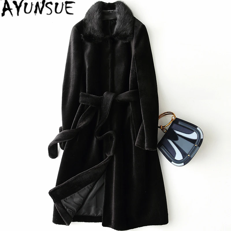 AYUNSUE Real Fur Coat with Mink Fur Collar Fashion Winter Coat Women Clothes Korean Thick Warm Long Wool Jacket+belt X-85